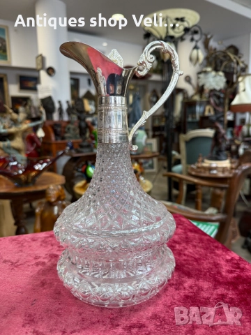 Стъклена гарафа с метален обков №7480 , снимка 3 - Антикварни и старинни предмети - 52050293