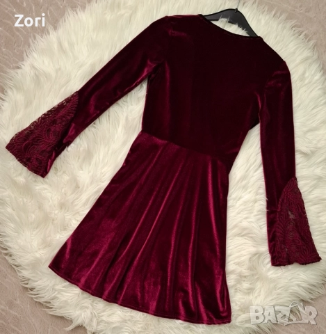 Рокля в цвят бордо от кадифе с дантела, снимка 6 - Рокли - 52658175
