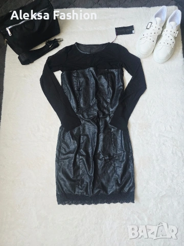 Дамска кожена рокля с ръкави от тюл, снимка 9 - Рокли - 47560475