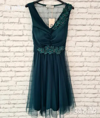 Рокля с тюл в тъмно зелено, снимка 2 - Рокли - 50414484