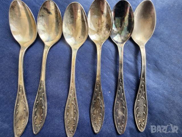комплект 6 лъжички от мелхиор, модел "Пламя", посребрени/позлатени, нови + 5 броя - също нови, СССР