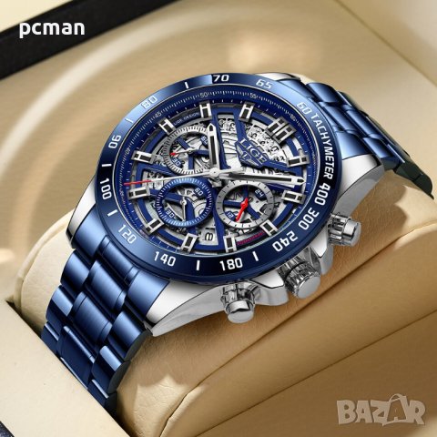 Lige Blue Silver 8944 Луксозен мъжки кварцов часовник с метална верижка