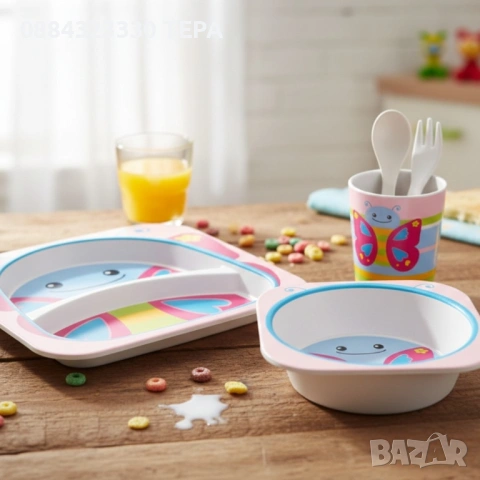 Детски комплект за хранене 5 части Cheffinger – чиния, купичка, чаша, лъжица и вилица 🍀ТЕРА🍀, снимка 4 - Столчета за хранене - 53207408