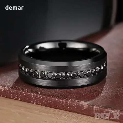 King Will GEM Мъжки 8мм черен пръстен от волфрамов карбид с кубичен цирконий, снимка 2 - Пръстени - 49794367