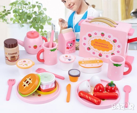 Закуска Тостер с филийки Дървен детски комплект за симулации с много части, снимка 2 - Образователни игри - 37241840