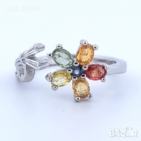 Сребърен пръстен с естествен син сапфир, многоцветен изумруд, снимка 5 - Пръстени - 52278484