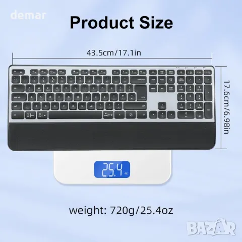 CITLLA K9100 Безжична Bluetooth клавиатура, Пълноразмерна с опора за китката, 3-степенна подсветка, снимка 7 - Клавиатури и мишки - 49283507