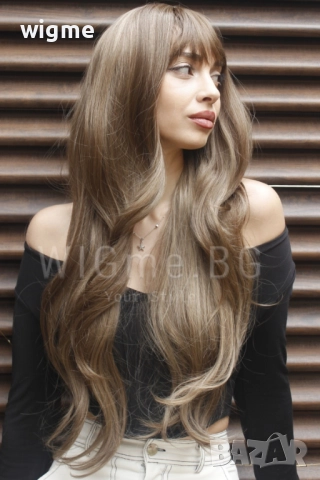 Дълга чуплива тъмноруса перука на светлоруси кичури с бретон Мирея, снимка 6 - Аксесоари за коса - 50069566