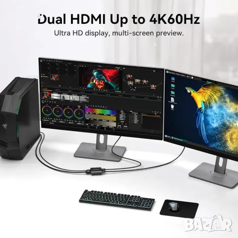 DGYBDFC 4K60Hz Displayport към двоен HDMI адаптер, DP 1.4 към 2х HDMI 2.0, снимка 3 - Кабели и адаптери - 48496117