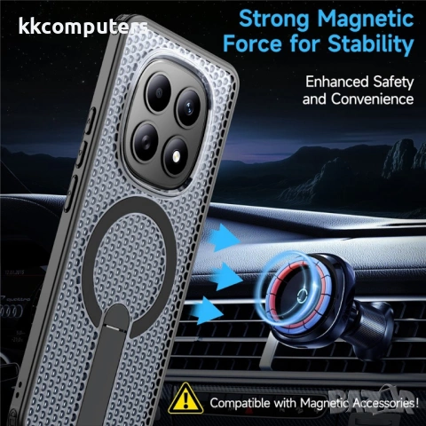 Магнитен калъф за Xiaomi Poco M8 5G / Redmi Note 15 5G с Мрежеста Текстура и Стойка- PC+TPU, 3D Вент, снимка 5 - Калъфи, кейсове - 53259716