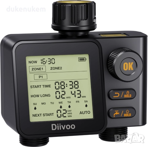 Програматор, таймер за напояване с 2 изхода, 6 независими програми и вграден дъждовен сензор