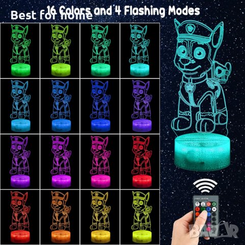 3D LED Paw Patrol илюзионна лампа, 3 плаки, 16 променящи се цвята, снимка 9 - Настолни лампи - 44224510