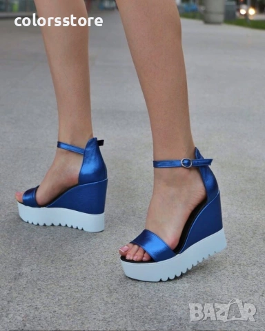 Сандали на платформа - синя кожа с бяло ходило - K200

