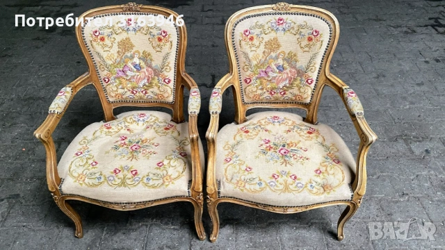 Винтидж френски кресла с гоблен комплект, снимка 2 - Дивани и мека мебел - 53856731