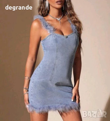 Уникална Дънкова рокля с пух, снимка 2 - Рокли - 51003522