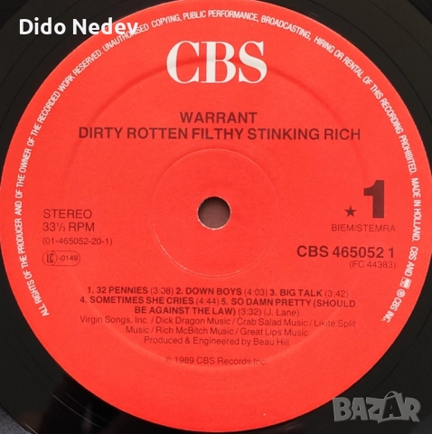 Грамофонна Плоча (Warrant - Dirty Rotten Filthy Stinking Rich), снимка 3 - Грамофонни плочи - 52002325