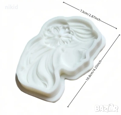 Дамско лице дама в профил с цвете в коса силиконов молд форма фондан шоколад гипс декор, снимка 2 - Форми - 53790446