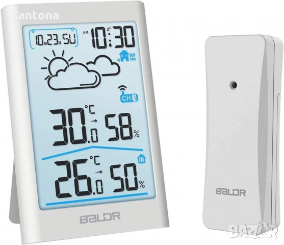 Безжична метеорологична станция BALDR с външен сензор, вътрешен и външен хигротермометър, с подсветк