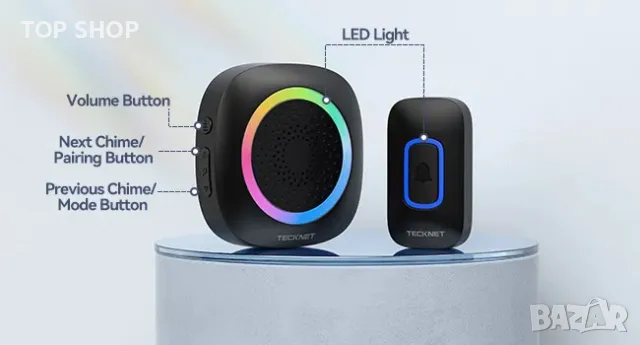 TECKNET Водоустойчив Комплект Безжичен звънец с 2 преносими приемника/400м обхват/RGB/60 мелодии, снимка 6 - Други - 49308608