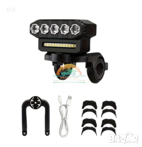 Фар за мотор, скутер, тротинетка или велосипед, Халоген, Led светлина, 5LED, USB