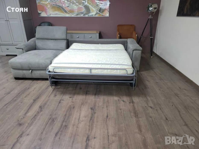 Сив ъглов диван от плат с функция сън и ракла и подвижни облегалки, снимка 4 - Дивани и мека мебел - 44606187