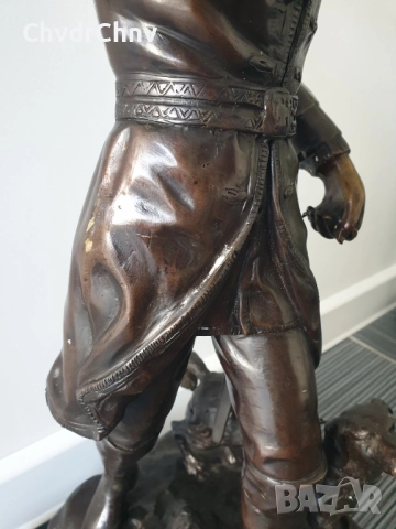 65см-12кг статуетка/стара английска бронзова скулптура/голяма фигура на ловец с куче, снимка 6 - Статуетки - 52755927
