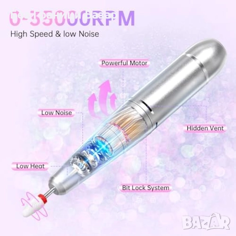Нова Професионална пила за нокти 35000RPM, безжична, комплект 12 накрайника, снимка 4 - Продукти за маникюр - 52158411