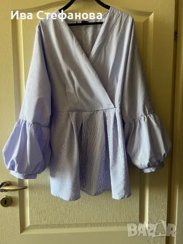 Wow Нова разкошна елегантна  блуза туника  рае синьо бяло буфан ръкав, снимка 2 - Блузи с дълъг ръкав и пуловери - 50121707