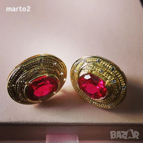 Елегантни Сребърни 925 Обеци с 14 карата позлата и Лабораторни Рубини и Циркони!, снимка 4 - Обеци - 41291656