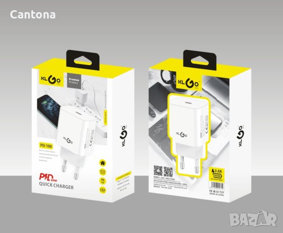 Мрежово зарядно, aдаптер, KLGO PD-100, Type C, 3.0A, снимка 2 - Оригинални зарядни - 42285404