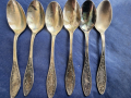 комплект 6 лъжички от мелхиор, модел "Пламя", посребрени/позлатени, нови + 5 броя - също нови, СССР, снимка 1