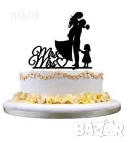 Семейство с малко момиченце черен сватбен пластмасов топер украса табела за торта, снимка 1