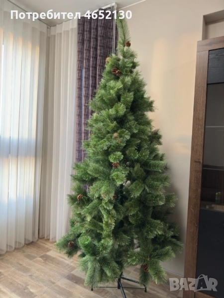 Гъста коледна елха с шишарки, 210см, снимка 1
