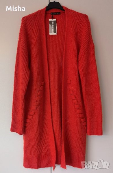 Чисто нова дамска плетена дълга жилетка в коралово червено с етикет, снимка 1