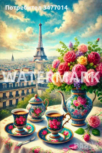 Романтична картина с изглед към Айфеловата кула 60х40см, снимка 1