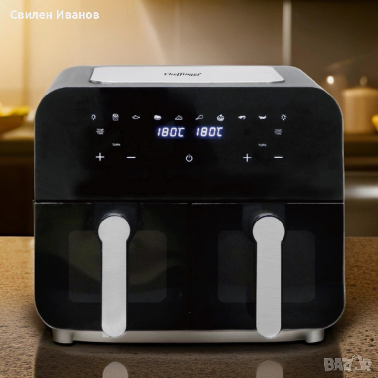Двоен фритюрник с горещ въздух Cheffinger 9 л  с дигитален дисплей, стъклен прозорец и 360° циркулац, снимка 1