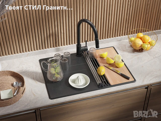 Черна кухненска мивка от гранит Копенхаген 40 Top 700х500, снимка 4 - Мивки - 50860908