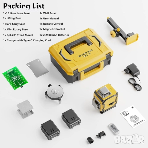Лазерен нивелир 360°,самонивелиращ се,16 линии,4×360°,4D , снимка 8 - Измервателни инструменти - 52165800