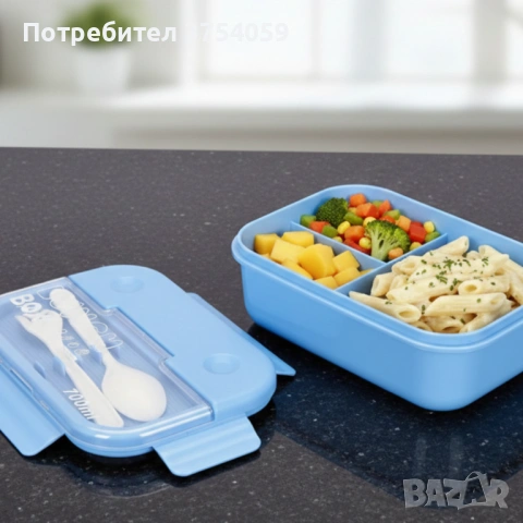 Кутия за обяд Cheffinger с 3 отделения, вилица и лъжица – компактна кутия за храна, снимка 2 - Кутии за храна - 53174597