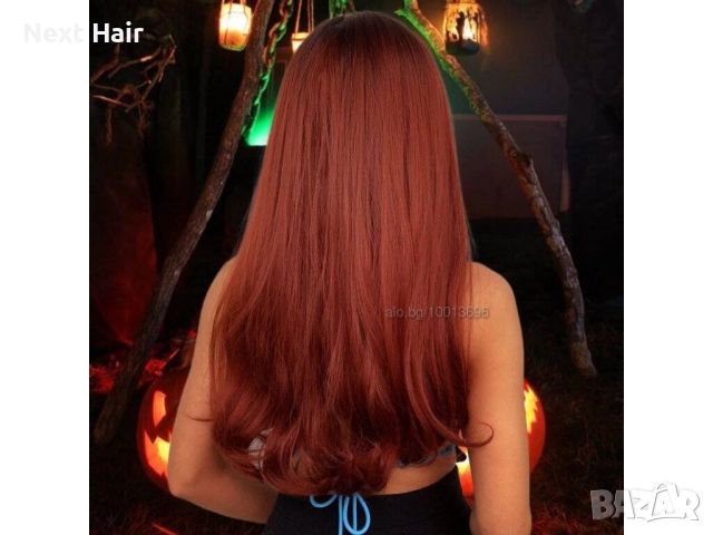 60 см омбре права перука с бретон в червеникаво-кафяв цвят, снимка 7 - Аксесоари за коса - 52897577
