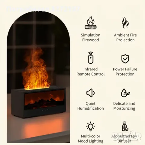 2024USB Захранван 3в1 Лампа,Ароматизатор и Овлажнител-Дизайн на Камина,дист.управление, снимка 4 - Настолни лампи - 48729092