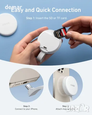 Anker MagGo USB-C адаптер, преносим магнитен четец на SD и TF карти с вграден кабел, бял, снимка 6 - Селфи стикове, аксесоари - 47448066