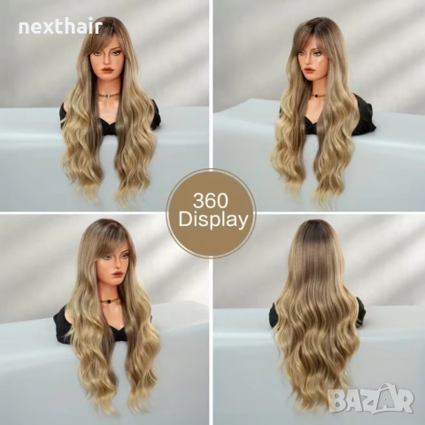 Руса омбре перука с тъмни корени и бретон - 80 см дължина, обем и вълни, снимка 6 - Аксесоари за коса - 53558667