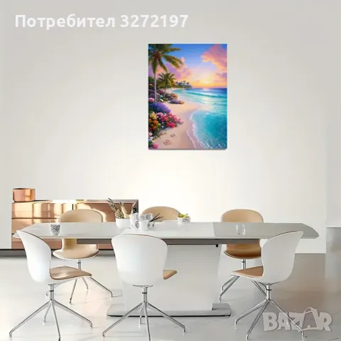 Картина на платно с дървена рамка-Плажна Сцена със Залез и Цветя,30x40 см., снимка 4 - Картини - 48465511