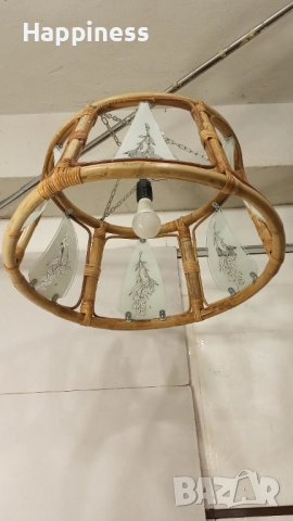 Абажур (Полилей) от бамбук с 6 стъкла и Нова LED крушка, снимка 3 - Лампи за таван - 52810891