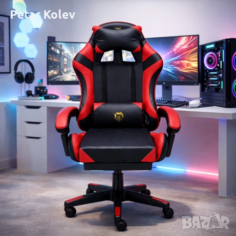Удобен геймърски стол с поставка за крака и масажна лумбална възглавница, Черно-червен, снимка 3 - Дивани и мека мебел - 53460835