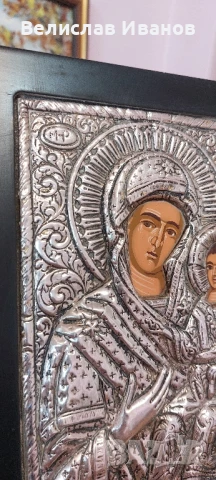 Стара гръцка икона на Богородица с Младенеца. Сребърна 950. Перфектно състояние., снимка 7 - Икони - 50756717