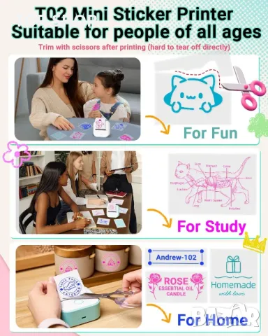 Мини принтер Memoking T02 - Преносим термичен принтер без мастило с три ролки, снимка 3 - Принтери, копири, скенери - 49423130