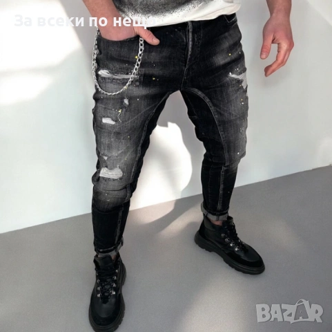 Черни Мъжки Стилни Ежедневни Удобни Дънки С Накъсан Ефект Код moskito31