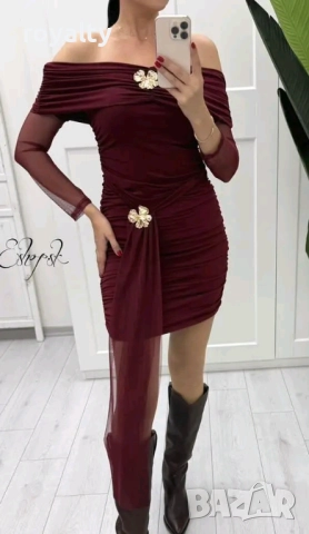 Къса Червена Дамска Рокля с Тюл 